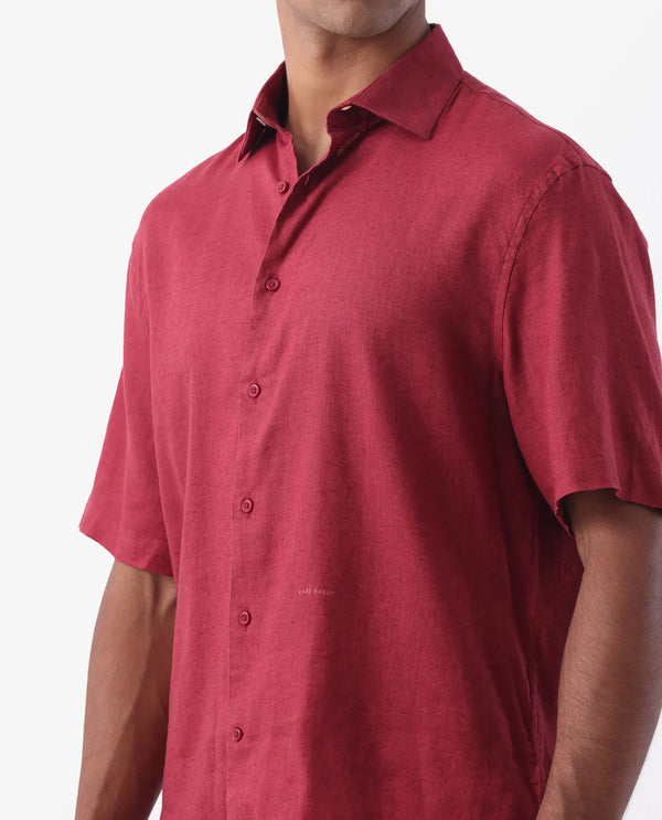 Rare Rabbit Men's Linex-1 SS Red Linen Excel Fabric Half Sleeves Boxy Fit Solid Shirt
