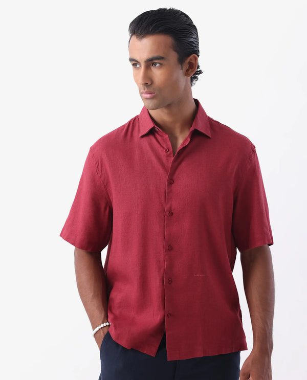 Rare Rabbit Men's Linex-1 SS Red Linen Excel Fabric Half Sleeves Boxy Fit Solid Shirt