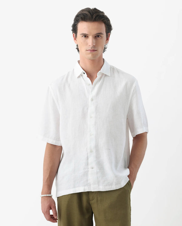 Rare Rabbit Men's Linex-1 SS White Linen Excel Fabric Half Sleeves Boxy Fit Solid Shirt