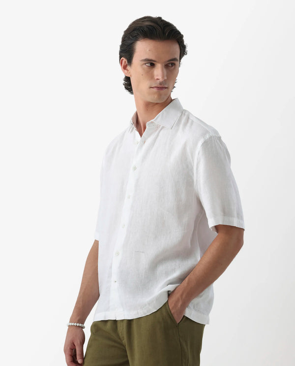 Rare Rabbit Men's Linex-1 SS White Linen Excel Fabric Half Sleeves Boxy Fit Solid Shirt