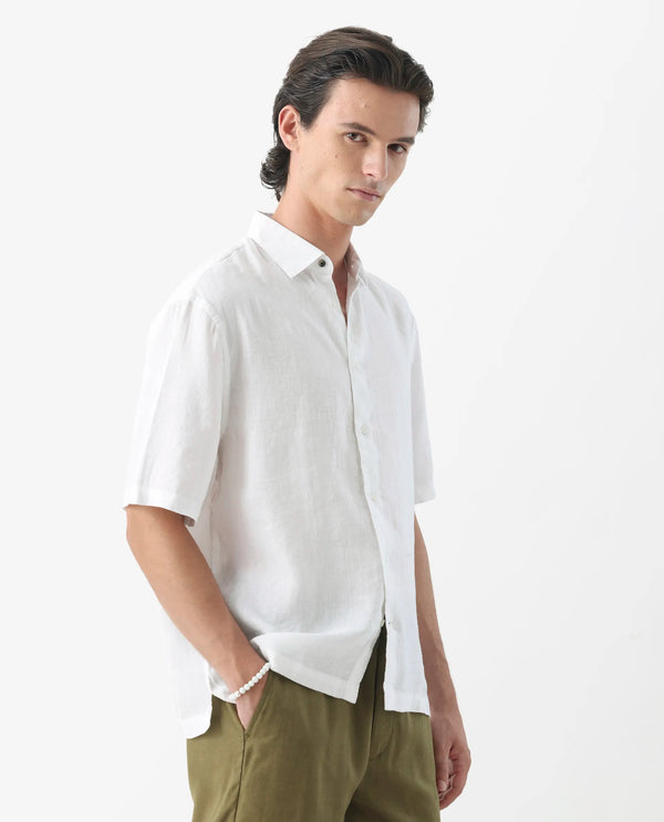 Rare Rabbit Men's Linex-1 SS White Linen Excel Fabric Half Sleeves Boxy Fit Solid Shirt