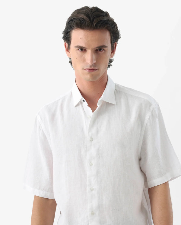 Rare Rabbit Men's Linex-1 SS White Linen Excel Fabric Half Sleeves Boxy Fit Solid Shirt