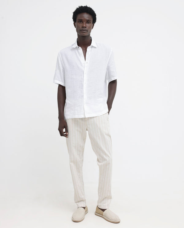 Rare Rabbit Men's Linex-1 SS White Linen Excel Fabric Half Sleeves Boxy Fit Solid Shirt
