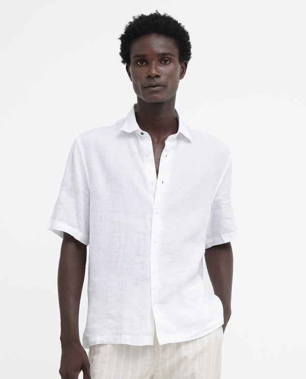 Rare Rabbit Men's Linex-1 SS White Linen Excel Fabric Half Sleeves Boxy Fit Solid Shirt