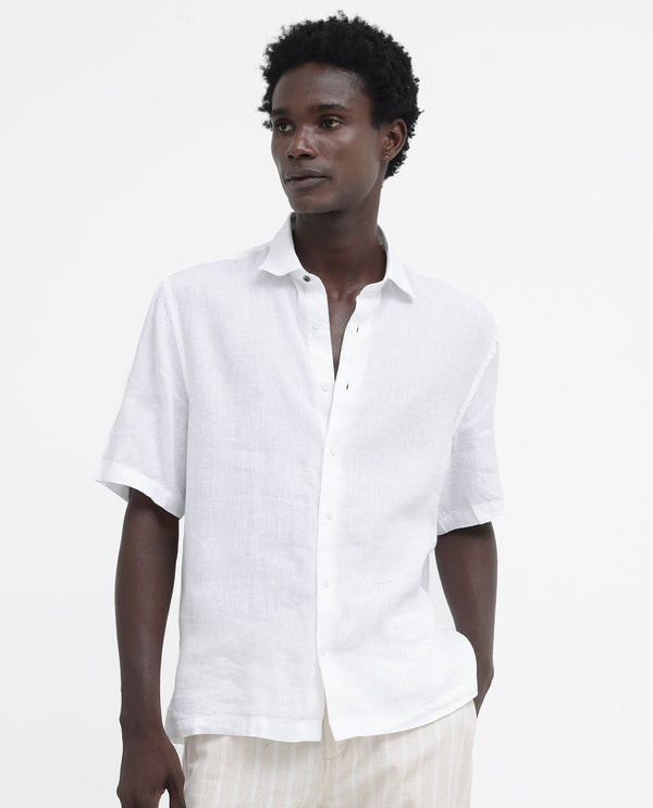 Rare Rabbit Men's Linex-1 SS White Linen Excel Fabric Half Sleeves Boxy Fit Solid Shirt