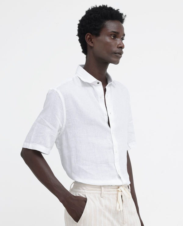 Rare Rabbit Men's Linex-1 SS White Linen Excel Fabric Half Sleeves Boxy Fit Solid Shirt