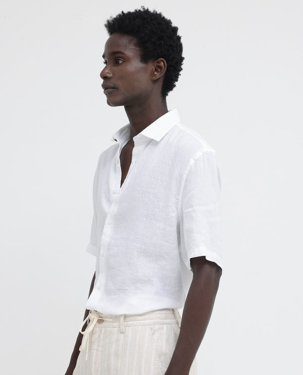 Rare Rabbit Men's Linex-1 SS White Linen Excel Fabric Half Sleeves Boxy Fit Solid Shirt