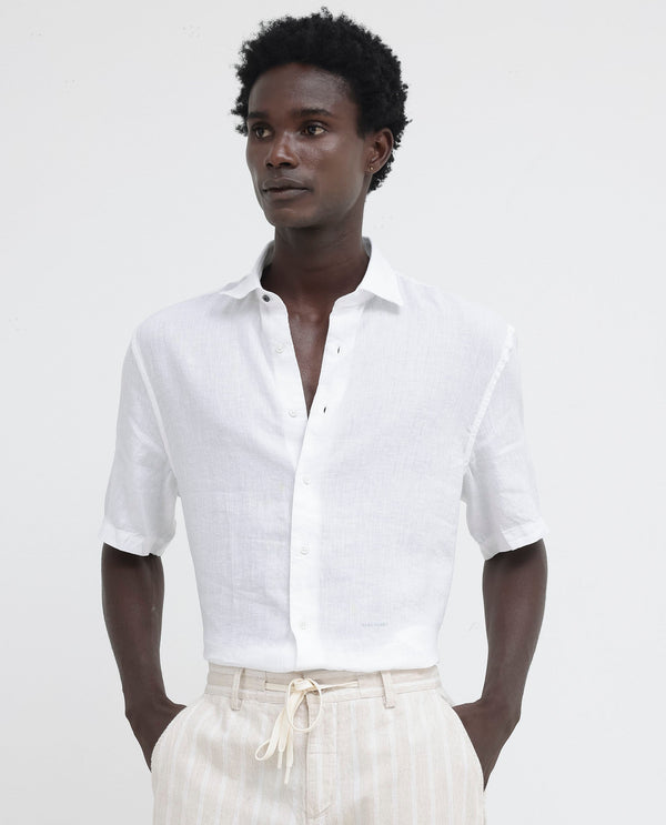 Rare Rabbit Men's Linex-1 SS White Linen Excel Fabric Half Sleeves Boxy Fit Solid Shirt