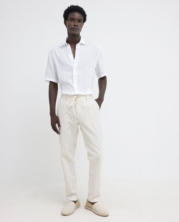 Rare Rabbit Men's Linex-1 SS White Linen Excel Fabric Half Sleeves Boxy Fit Solid Shirt