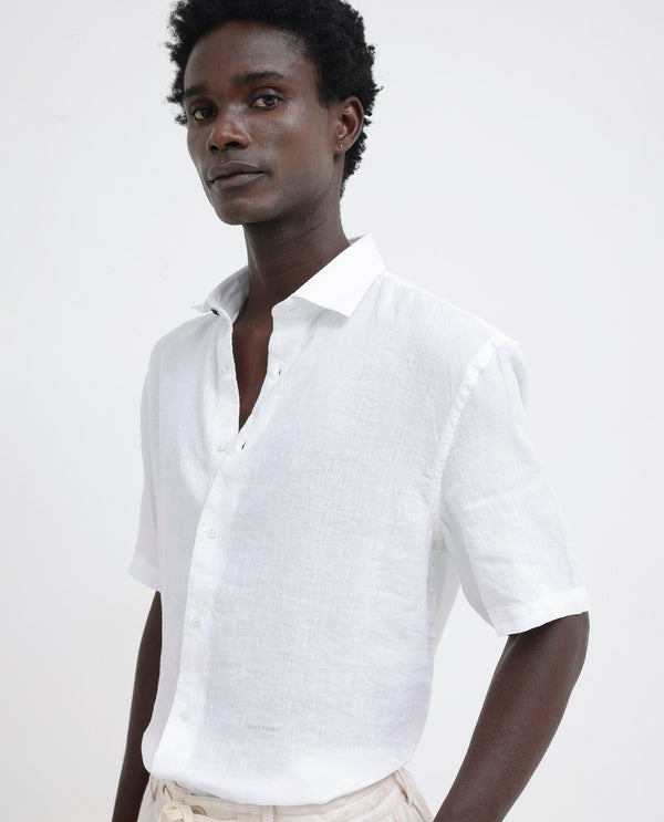 Rare Rabbit Men's Linex-1 SS White Linen Excel Fabric Half Sleeves Boxy Fit Solid Shirt
