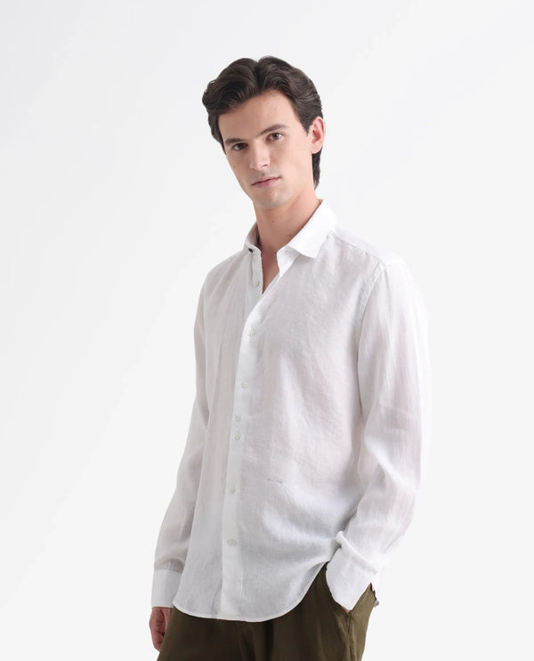 Rare Rabbit Mens Linex-1 White Linen Fabric Regular Collar Full Sleeve Regular Fit Solid Shirt