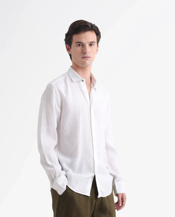 Rare Rabbit Mens Linex-1 White Linen Fabric Regular Collar Full Sleeve Regular Fit Solid Shirt