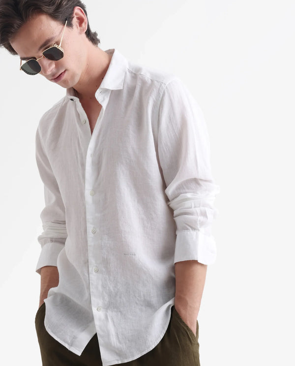 Rare Rabbit Mens Linex-1 White Linen Fabric Regular Collar Full Sleeve Regular Fit Solid Shirt