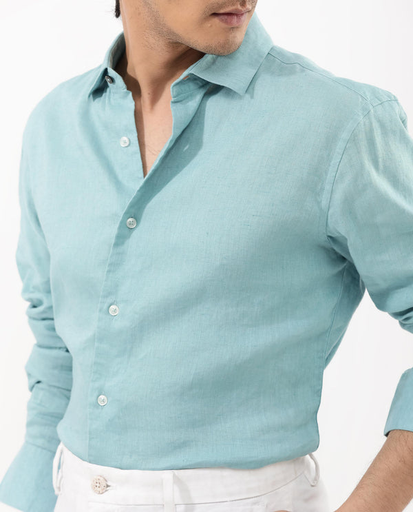 Rare Rabbit Men's Linex-1 Flouroscent Blue Linen Excel Fabric Full Sleeves Regular Fit Solid Shirt