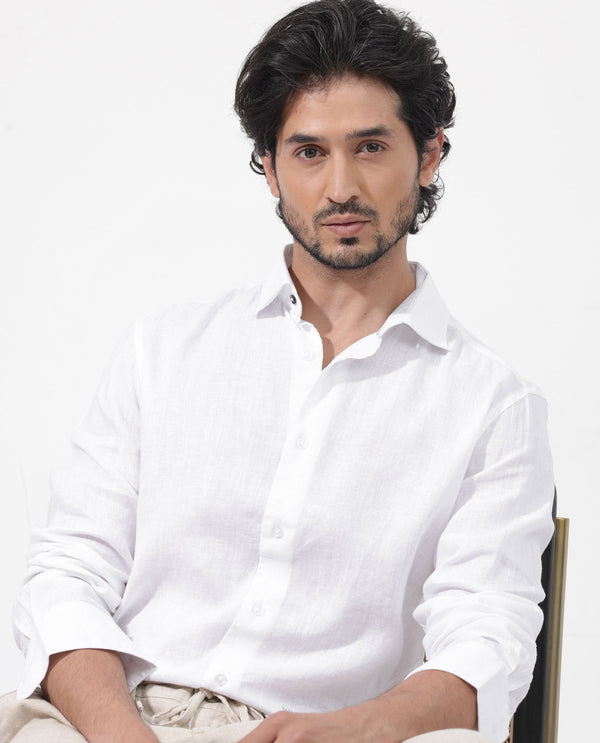 Rare Rabbit Mens Linex-1 White Linen Fabric Regular Collar Full Sleeve Regular Fit Solid Shirt