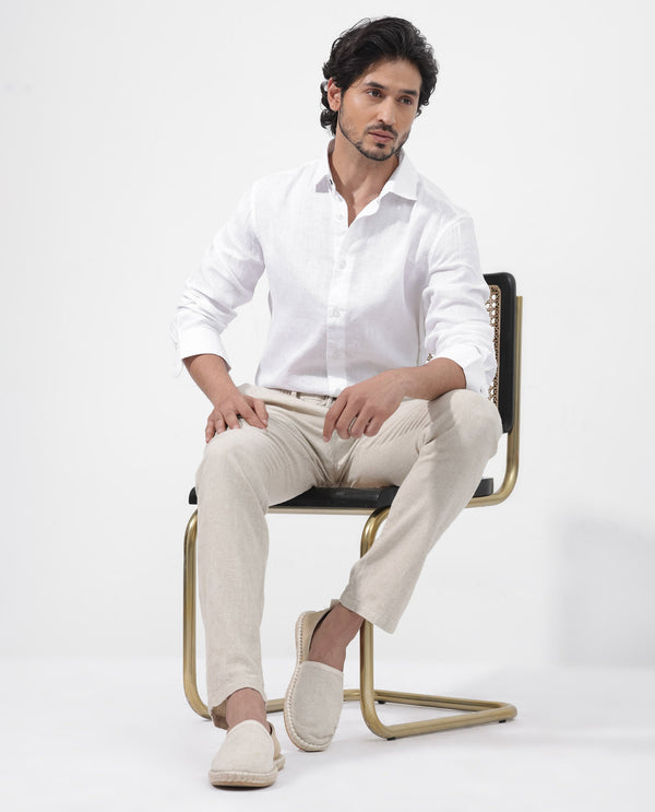 Rare Rabbit Mens Linex-1 White Linen Fabric Regular Collar Full Sleeve Regular Fit Solid Shirt