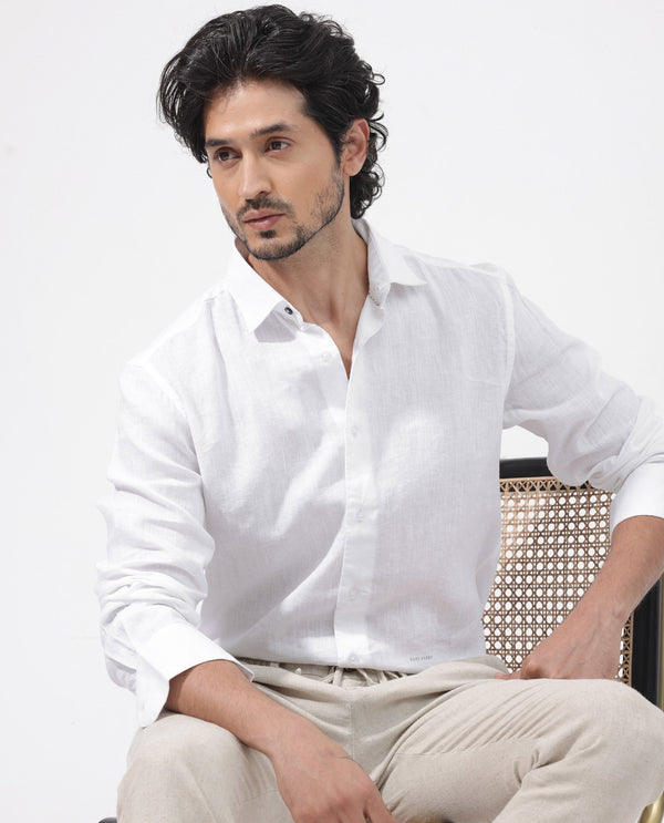 Rare Rabbit Mens Linex-1 White Linen Fabric Regular Collar Full Sleeve Regular Fit Solid Shirt