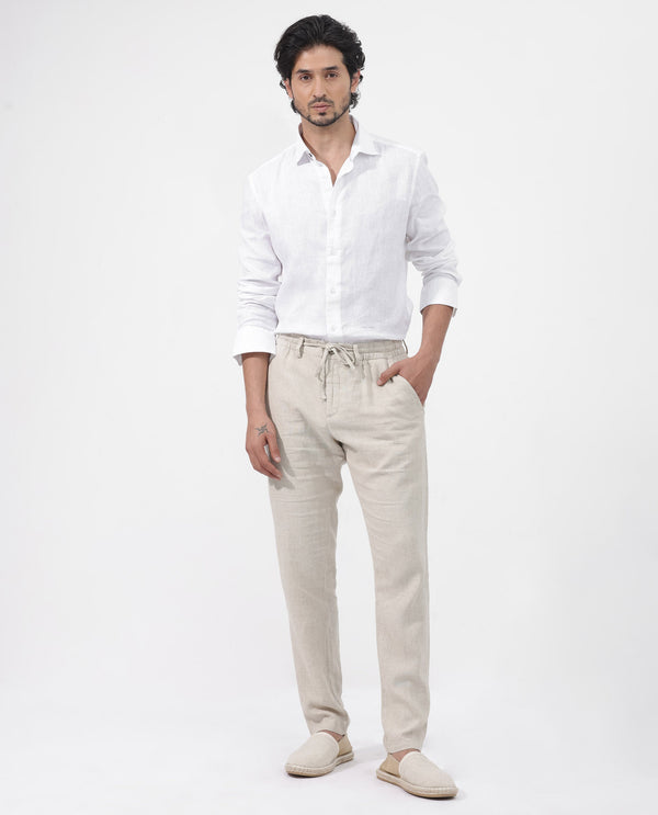 Rare Rabbit Mens Linex-1 White Linen Fabric Regular Collar Full Sleeve Regular Fit Solid Shirt