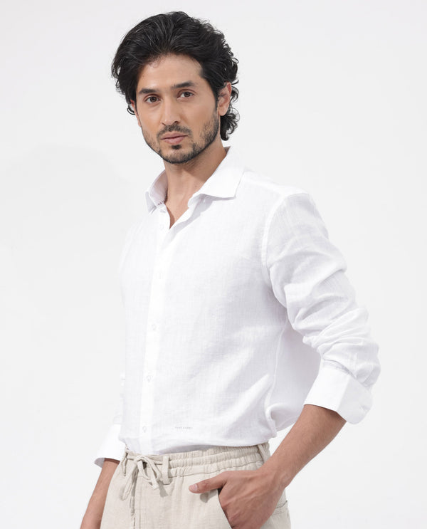 Rare Rabbit Mens Linex-1 White Linen Fabric Regular Collar Full Sleeve Regular Fit Solid Shirt