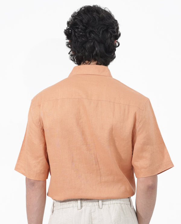 Rare Rabbit Mens Linex-1 SS Dusky Orange Linen Excel Fabric Regular Fabric Short Sleeve Boxy Fit Solid Shirt