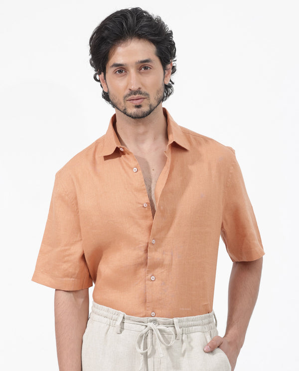 Rare Rabbit Mens Linex-1 SS Dusky Orange Linen Excel Fabric Regular Fabric Short Sleeve Boxy Fit Solid Shirt