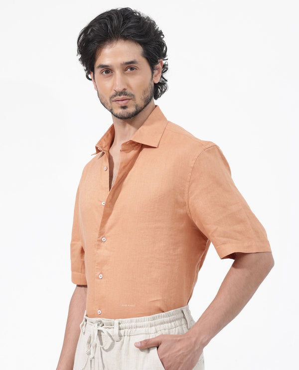 Rare Rabbit Mens Linex-1 SS Dusky Orange Linen Excel Fabric Regular Fabric Short Sleeve Boxy Fit Solid Shirt