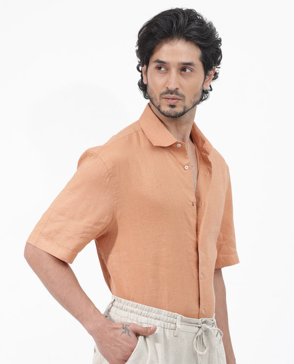 Rare Rabbit Mens Linex-1 SS Dusky Orange Linen Excel Fabric Regular Fabric Short Sleeve Boxy Fit Solid Shirt