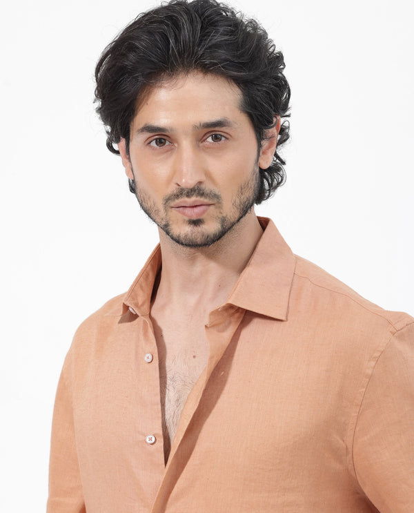 Rare Rabbit Mens Linex-1 SS Dusky Orange Linen Excel Fabric Regular Fabric Short Sleeve Boxy Fit Solid Shirt