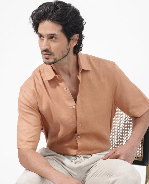 Rare Rabbit Mens Linex-1 SS Dusky Orange Linen Excel Fabric Regular Fabric Short Sleeve Boxy Fit Solid Shirt