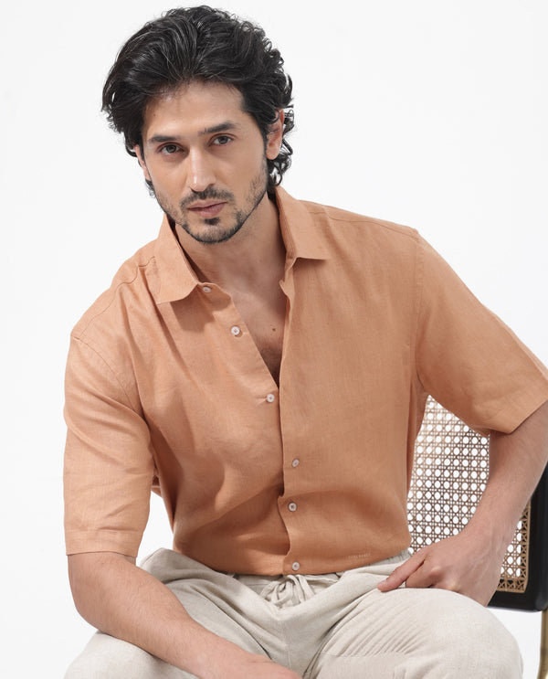Rare Rabbit Mens Linex-1 SS Dusky Orange Linen Excel Fabric Regular Fabric Short Sleeve Boxy Fit Solid Shirt