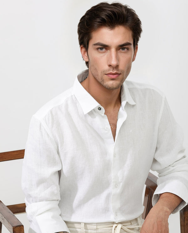 Rare Rabbit Mens Linex-1 White Linen Fabric Regular Collar Full Sleeve Regular Fit Solid Shirt
