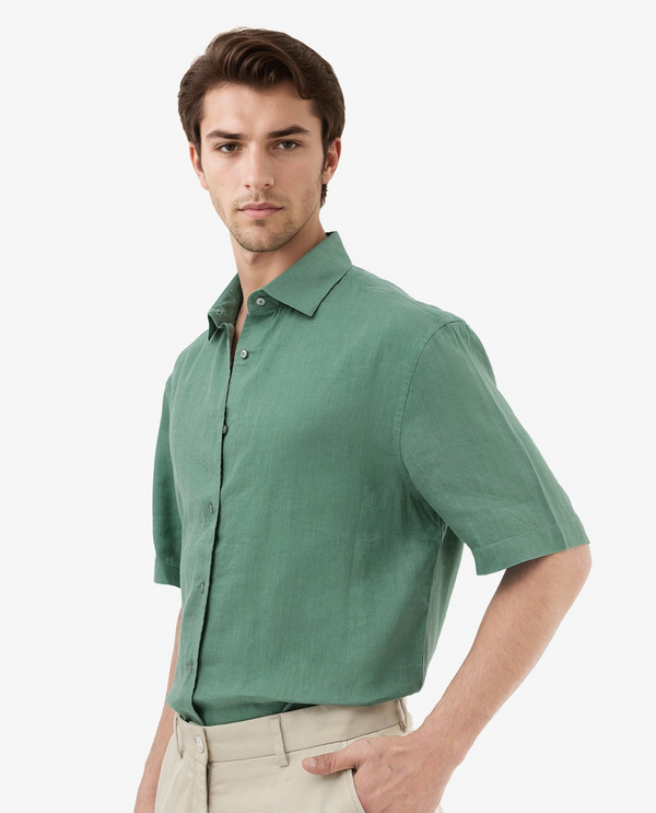 Rare Rabbit Mens Linex-1 SS Light Green Linen Excel Fabric Regular Fabric Short Sleeve Boxy Fit Solid Shirt