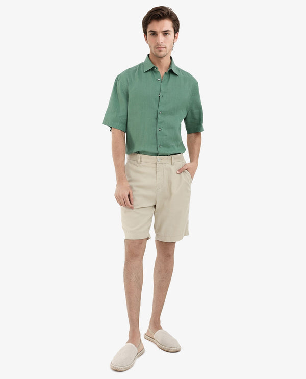 Rare Rabbit Mens Linex-1 SS Light Green Linen Excel Fabric Regular Fabric Short Sleeve Boxy Fit Solid Shirt