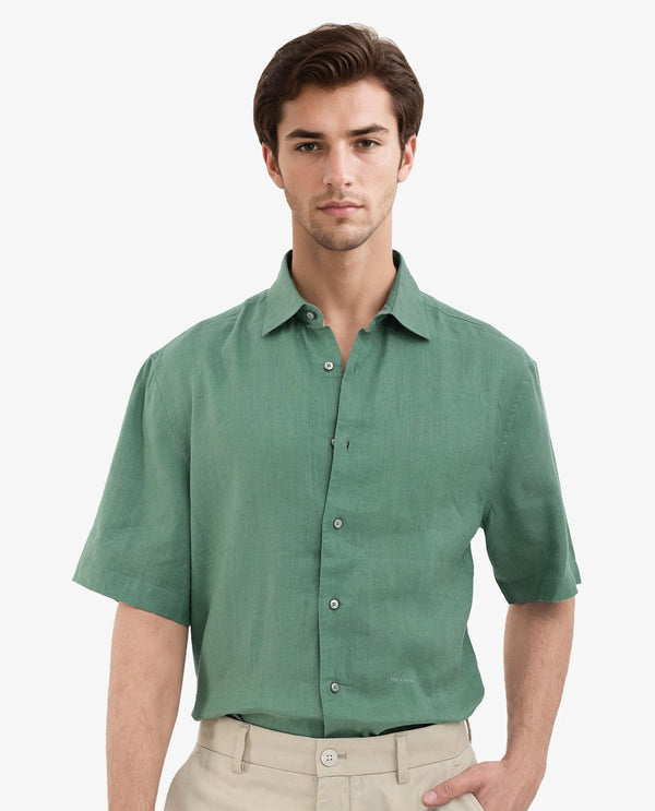Rare Rabbit Mens Linex-1 SS Light Green Linen Excel Fabric Regular Fabric Short Sleeve Boxy Fit Solid Shirt