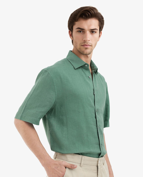 Rare Rabbit Mens Linex-1 SS Light Green Linen Excel Fabric Regular Fabric Short Sleeve Boxy Fit Solid Shirt
