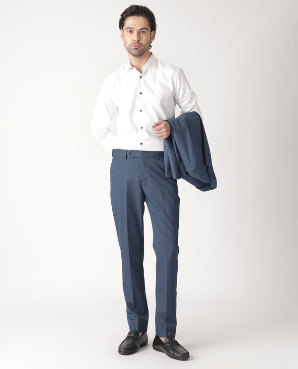 Rare Rabbit Men's Lingo Petrol Solid Mid-Rise Twill Stretch Regular Fit Trouser