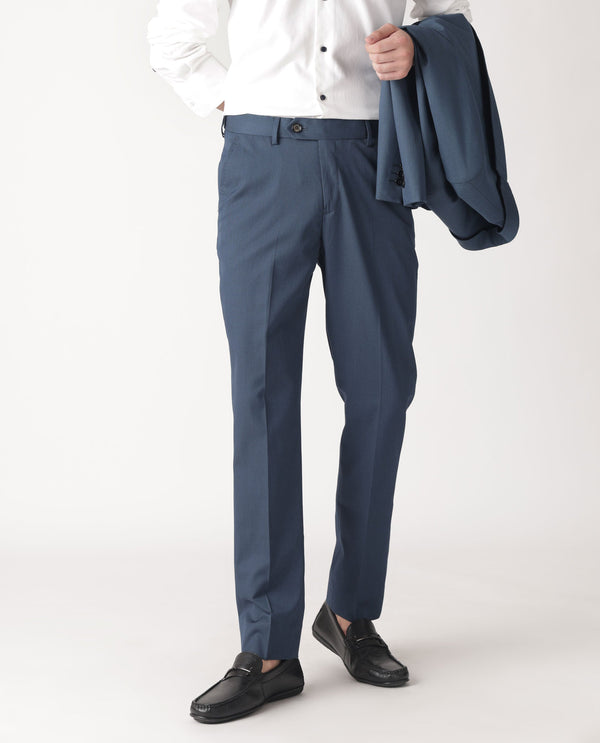 Rare Rabbit Men's Lingo Petrol Solid Mid-Rise Twill Stretch Regular Fit Trouser