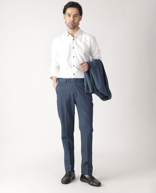 Rare Rabbit Men's Lingo Petrol Solid Mid-Rise Twill Stretch Regular Fit Trouser