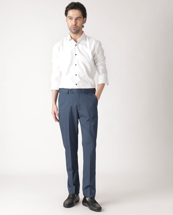 Rare Rabbit Men's Lingo Petrol Solid Mid-Rise Twill Stretch Regular Fit Trouser