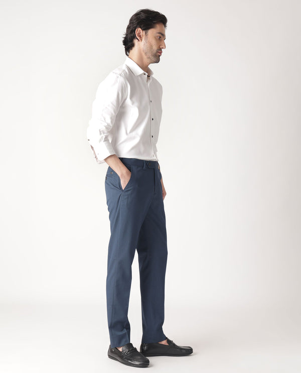 Rare Rabbit Men's Lingo Petrol Solid Mid-Rise Twill Stretch Regular Fit Trouser