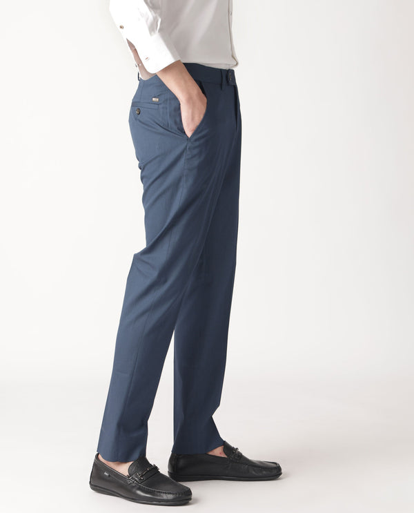 Rare Rabbit Men's Lingo Petrol Solid Mid-Rise Twill Stretch Regular Fit Trouser