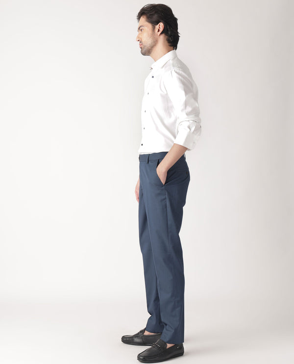 Rare Rabbit Men's Lingo Petrol Solid Mid-Rise Twill Stretch Regular Fit Trouser