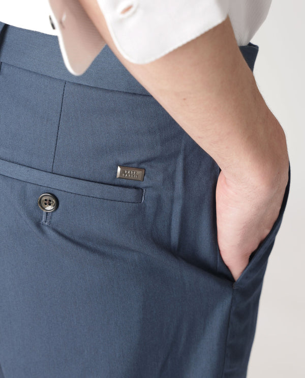 Rare Rabbit Men's Lingo Petrol Solid Mid-Rise Twill Stretch Regular Fit Trouser