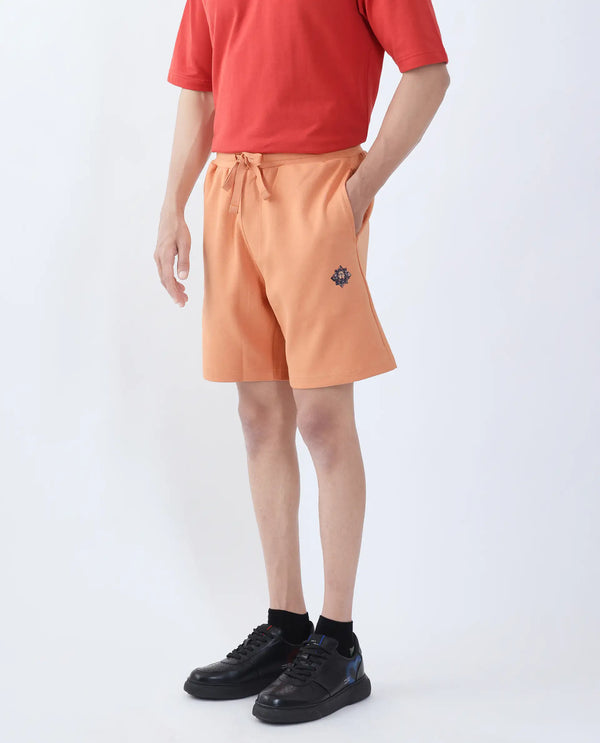 Rare Rabbit Men Linor Dark Orange Cotton Elastane Fabric Plain Shorts
