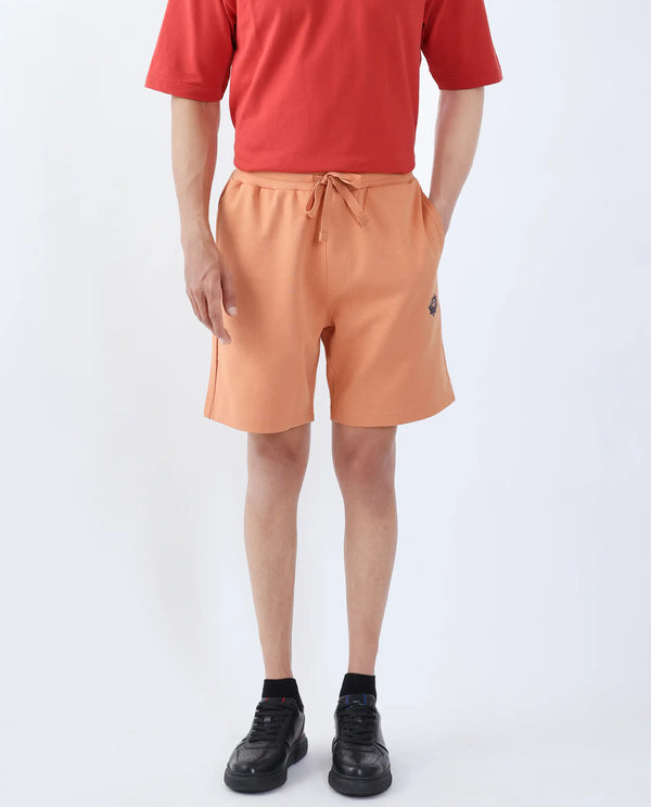 Rare Rabbit Men Linor Dark Orange Cotton Elastane Fabric Plain Shorts