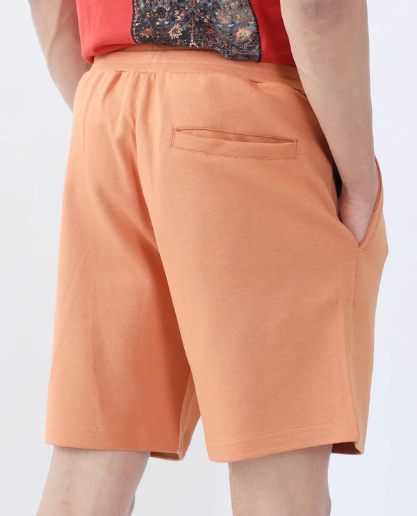 Rare Rabbit Men Linor Dark Orange Cotton Elastane Fabric Plain Shorts