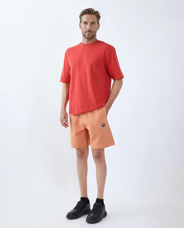 Rare Rabbit Men Linor Dark Orange Cotton Elastane Fabric Plain Shorts