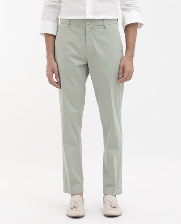 Rare Rabbit Mens Linotel Pastel Green Cotton Polyester Lycra Solid Trouser