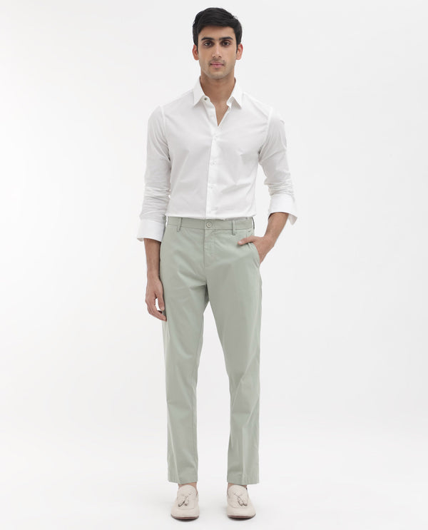 Rare Rabbit Mens Linotel Pastel Green Cotton Polyester Lycra Solid Trouser