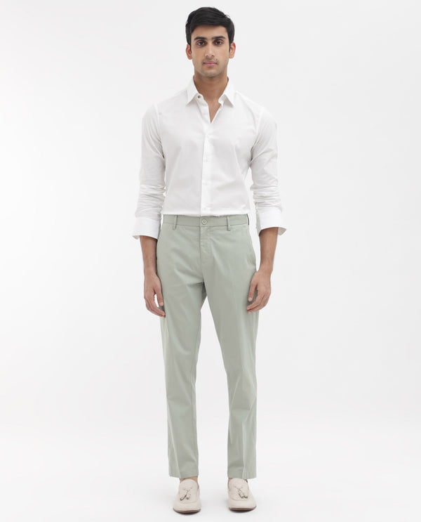 Rare Rabbit Mens Linotel Pastel Green Cotton Polyester Lycra Solid Trouser